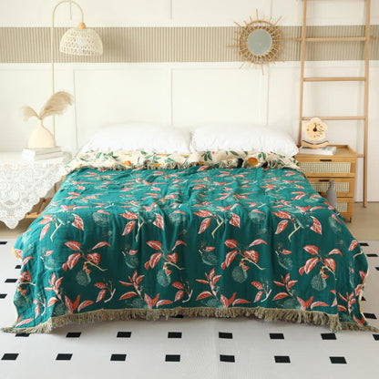 Couette réversible en gaze de coton à motif citron et pompons