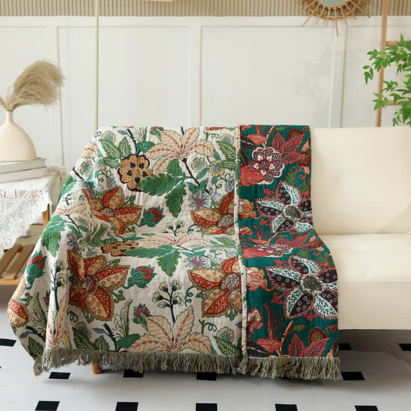 Couette réversible en gaze de coton avec motif floral et feuilles et pompons