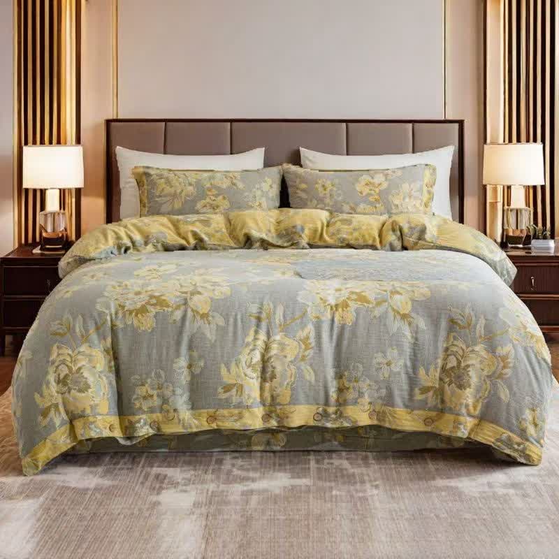 Parure de lit réversible en gaze de coton à motif floral et boutons (4 pièces) - Gris et jaune - 220 cm x 240 cm + 245 cm x 270 cm + 48 cm x 74 cm x 2 - image 8