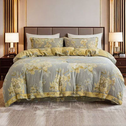 Parure de lit réversible en gaze de coton à motif floral et boutons (4 pièces) - Gris et jaune - 220 cm x 240 cm + 245 cm x 270 cm + 48 cm x 74 cm x 2 - image 8