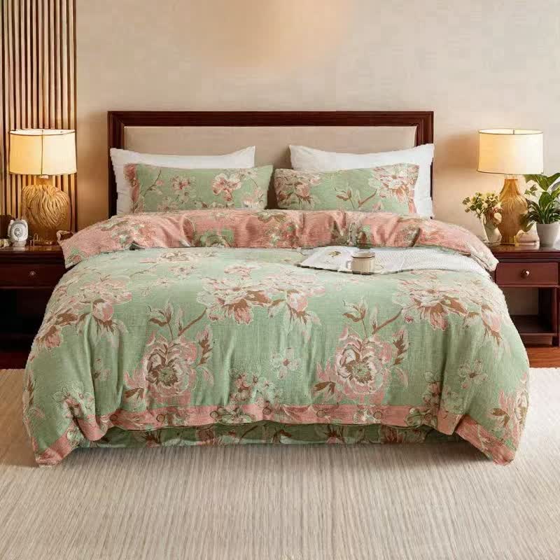 Parure de lit réversible en gaze de coton à motif floral et boutons (4 pièces) - Vert et rose - 220 cm x 240 cm + 245 cm x 270 cm + 48 cm x 74 cm x 2 - image 9