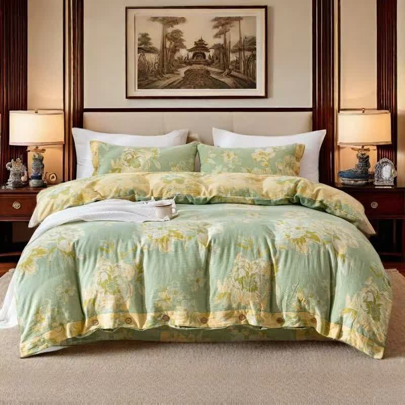 Parure de lit réversible en gaze de coton à motif floral et boutons (4 pièces) - Vert et jaune - 220 cm x 240 cm + 245 cm x 270 cm + 48 cm x 74 cm x 2 - image 10