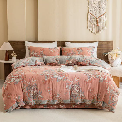 Parure de lit réversible en gaze de coton à motif floral et boutons (4 pièces) - Rose et gris - 220 cm x 240 cm + 245 cm x 270 cm + 48 cm x 74 cm x 2 - image 0