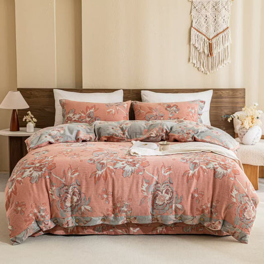 Parure de lit réversible en gaze de coton à motif floral et boutons (4 pièces) - Rose et gris - 220 cm x 240 cm + 245 cm x 270 cm + 48 cm x 74 cm x 2 - image 0