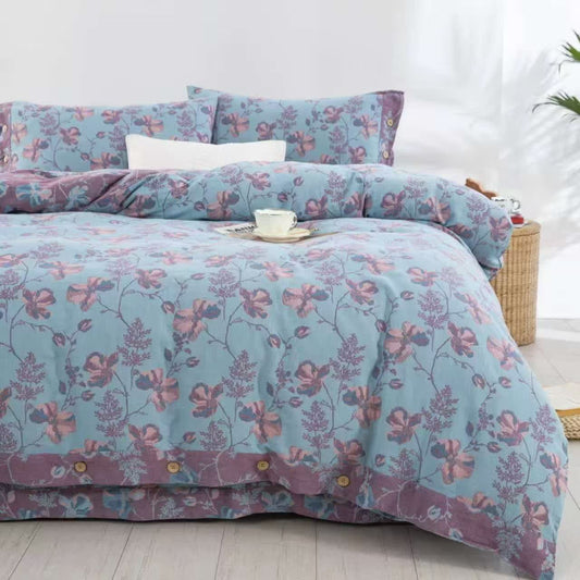 Parure de lit en gaze de coton à fleurs fleuries (4 pièces)