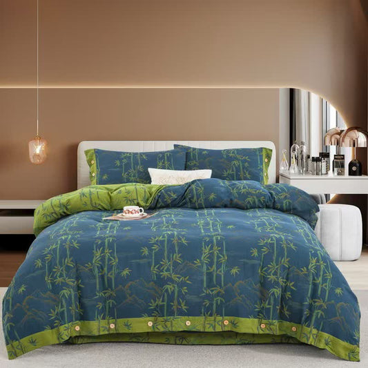Ensemble de literie réversible en gaze de coton avec plantes de bambou (4 pièces) - Bleu - 220 cm x 240 cm - image 0