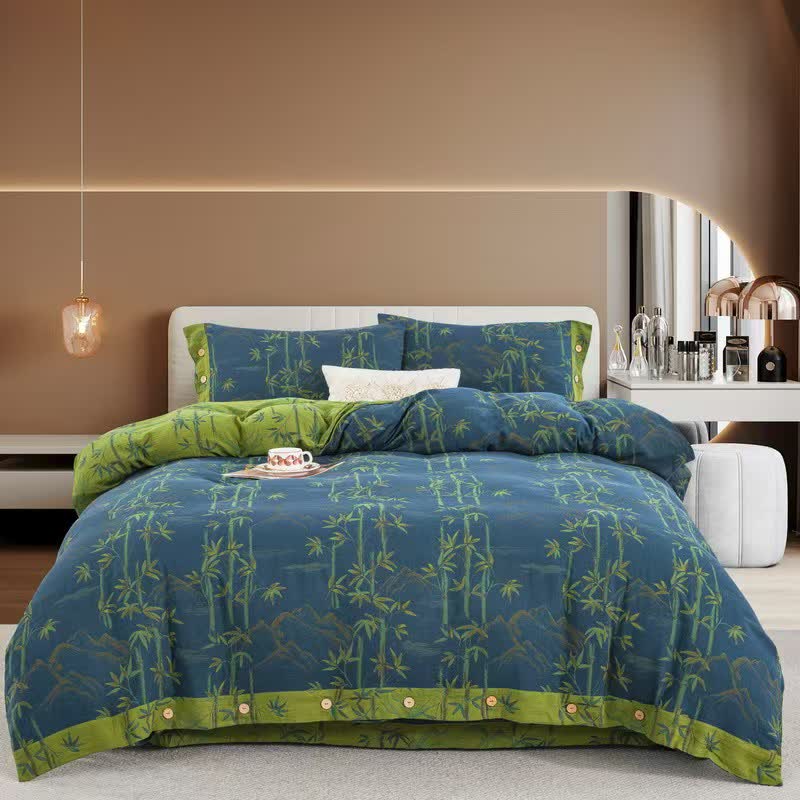 Parure de lit réversible en gaze de coton avec plantes de bambou (4 pièces) - Bleu - 220 cm x 240 cm - image 0