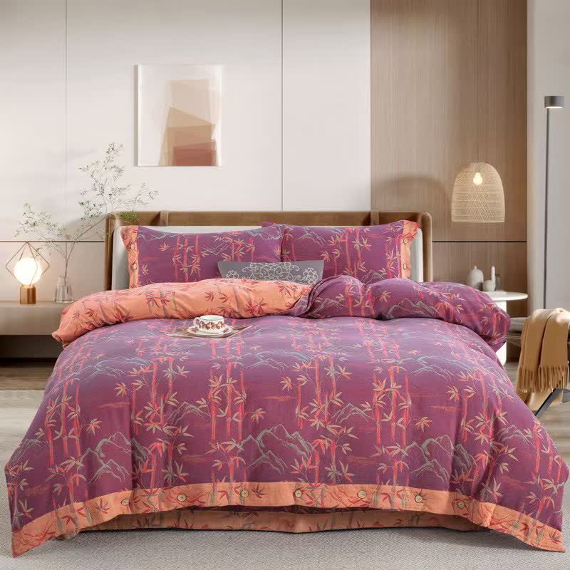 Ensemble de literie réversible en gaze de coton avec plantes de bambou (4 pièces) - Violet - 220 cm x 240 cm - image 13