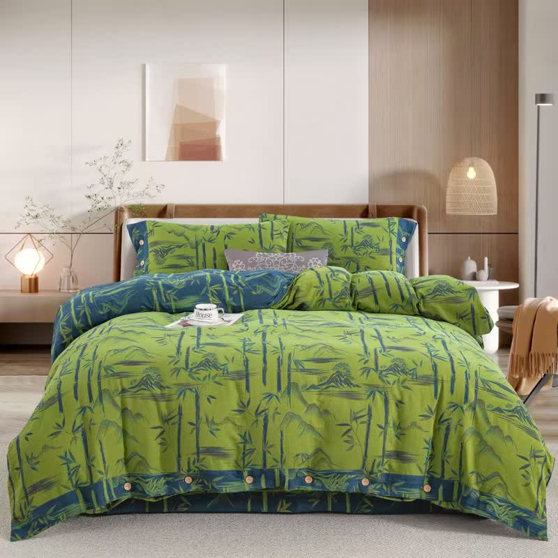 Parure de lit réversible en gaze de coton avec plantes de bambou (4 pièces) - Vert - 220 cm x 240 cm - image 9
