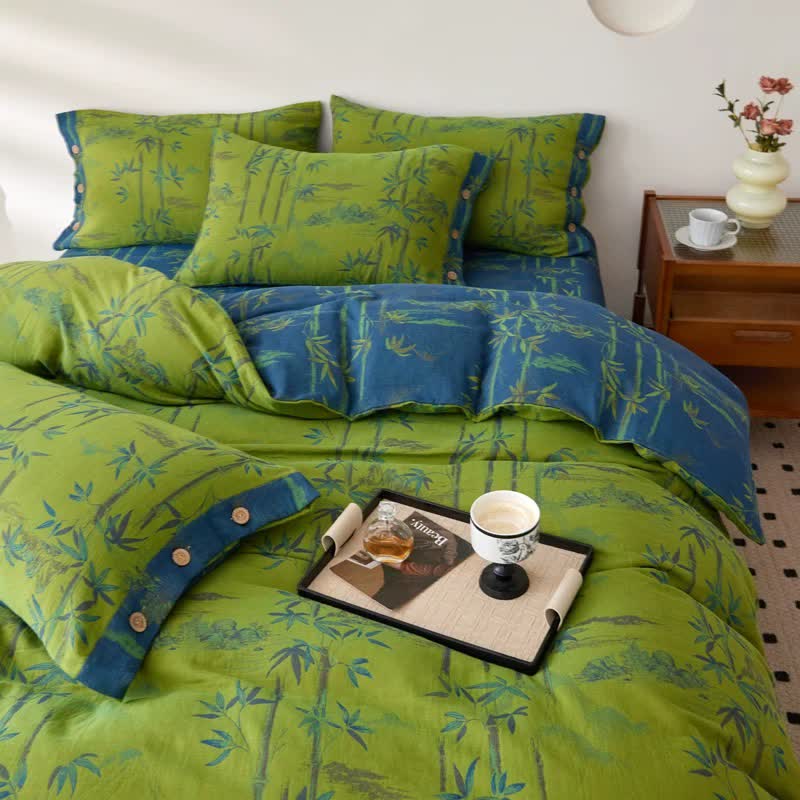 Parure de lit réversible en gaze de coton avec plantes de bambou (4 pièces) - image 12