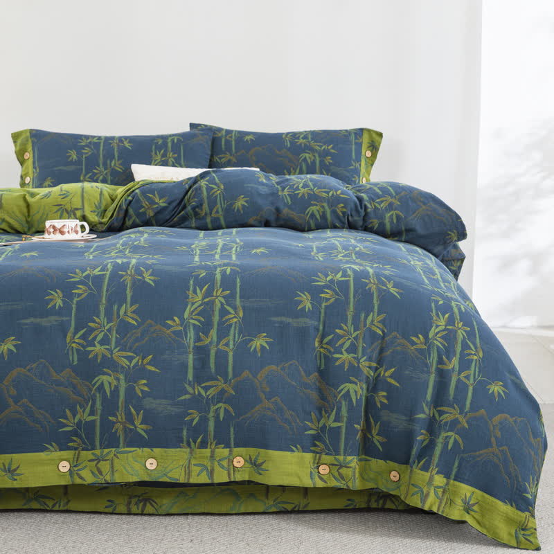 Parure de lit réversible en gaze de coton avec plantes de bambou (4 pièces) - image 1