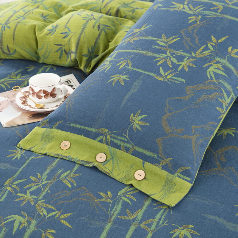 Parure de lit réversible en gaze de coton avec plantes de bambou (4 pièces) - image 3