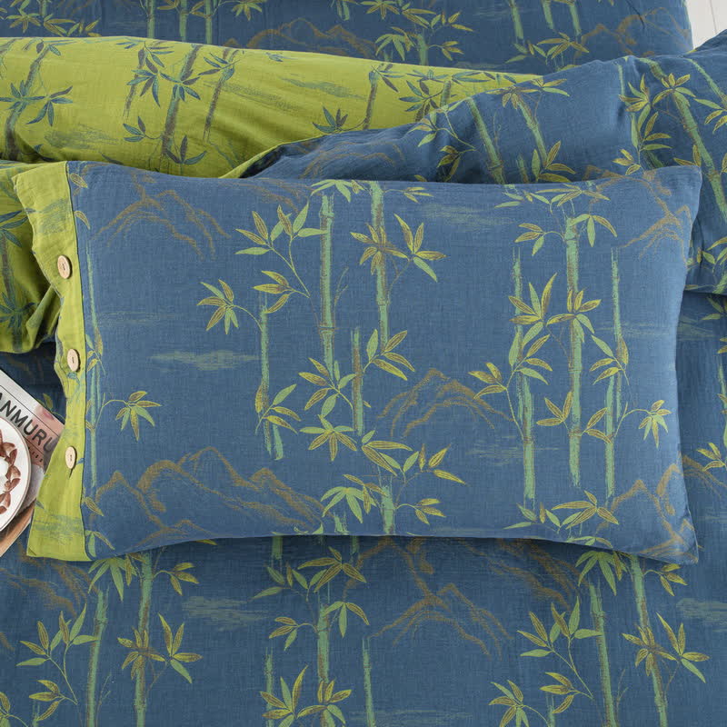 Parure de lit réversible en gaze de coton avec plantes de bambou (4 pièces) - image 4