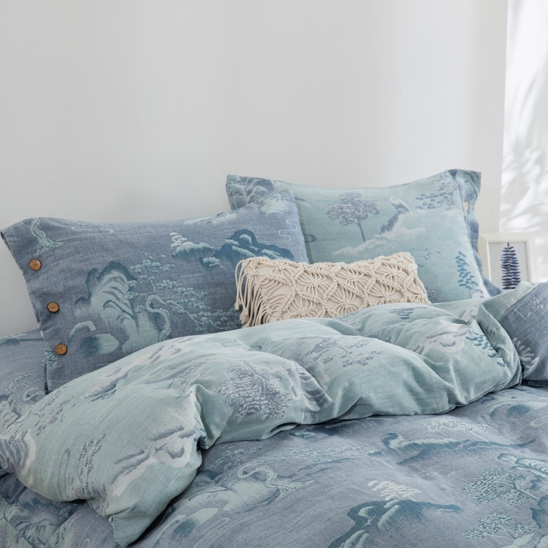 Parure de lit en gaze de coton avec boutons paysage (4 pièces)