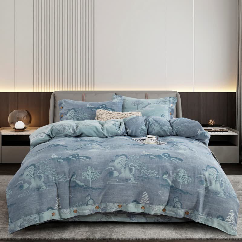 Parure de lit en gaze de coton avec boutons paysage (4 pièces)
