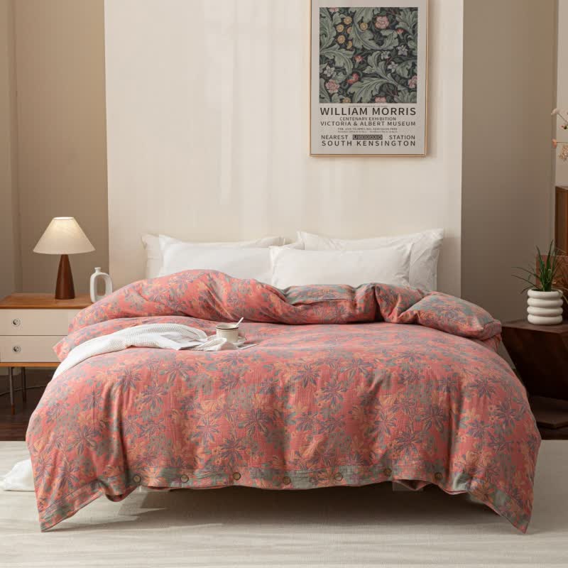Parure de lit réversible en coton jacquard à boutons floraux (4 pièces)