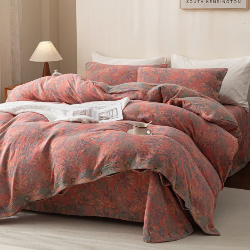 Parure de lit réversible en coton jacquard à boutons floraux (4 pièces)