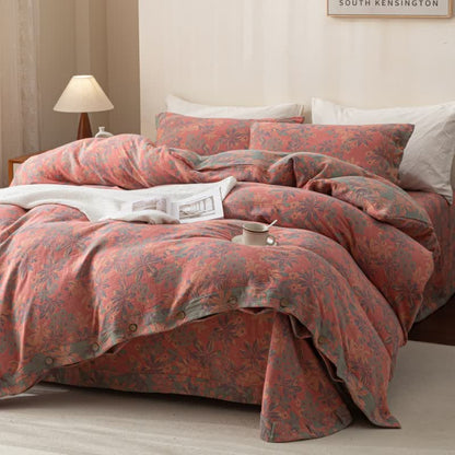 Parure de lit réversible en coton jacquard à boutons floraux (4 pièces)