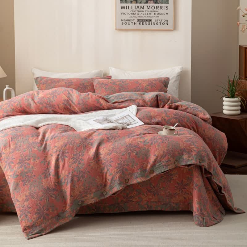 Parure de lit réversible en coton jacquard à boutons floraux (4 pièces)