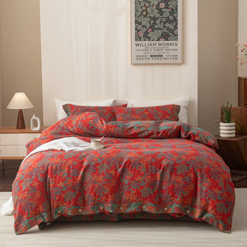 Parure de lit réversible en coton jacquard à boutons floraux (4 pièces)