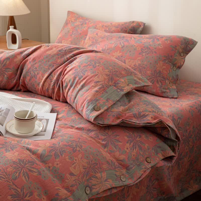 Parure de lit réversible en coton jacquard à boutons floraux (4 pièces)