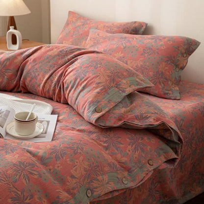 Parure de lit réversible en coton jacquard à boutons floraux (4 pièces)