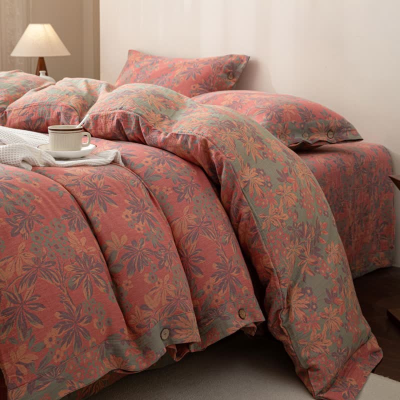 Parure de lit réversible en coton jacquard à boutons floraux (4 pièces)