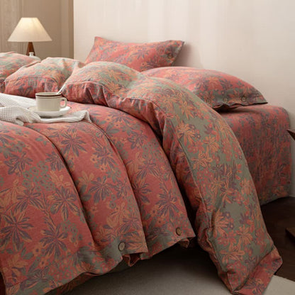 Parure de lit réversible en coton jacquard à boutons floraux (4 pièces)
