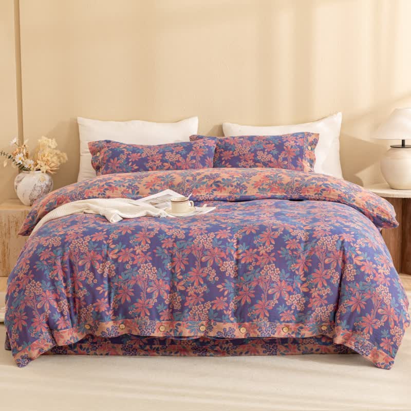 Parure de lit réversible en coton jacquard à boutons floraux (4 pièces)