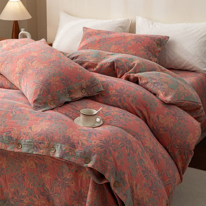 Parure de lit réversible en coton jacquard à boutons floraux (4 pièces)