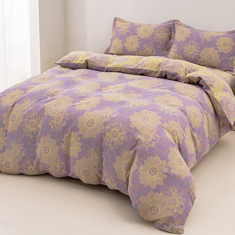 Parure de lit réversible en gaze de coton à motif floral jacquard (4 pièces)