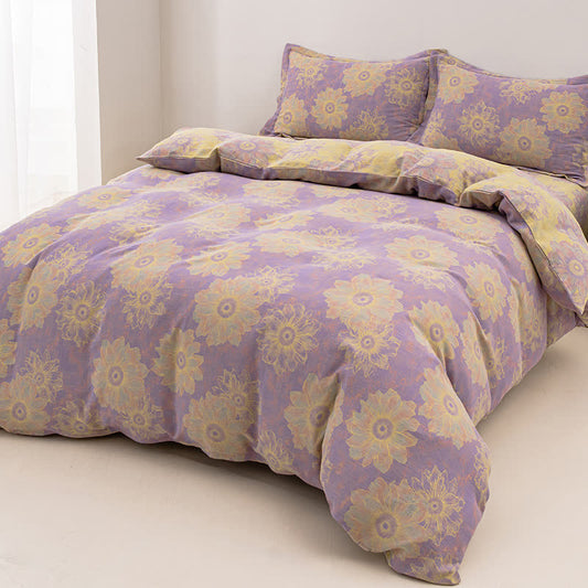 Parure de lit réversible en gaze de coton à motif floral jacquard (4 pièces)