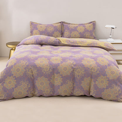 Parure de lit réversible en gaze de coton à motif floral jacquard (4 pièces)