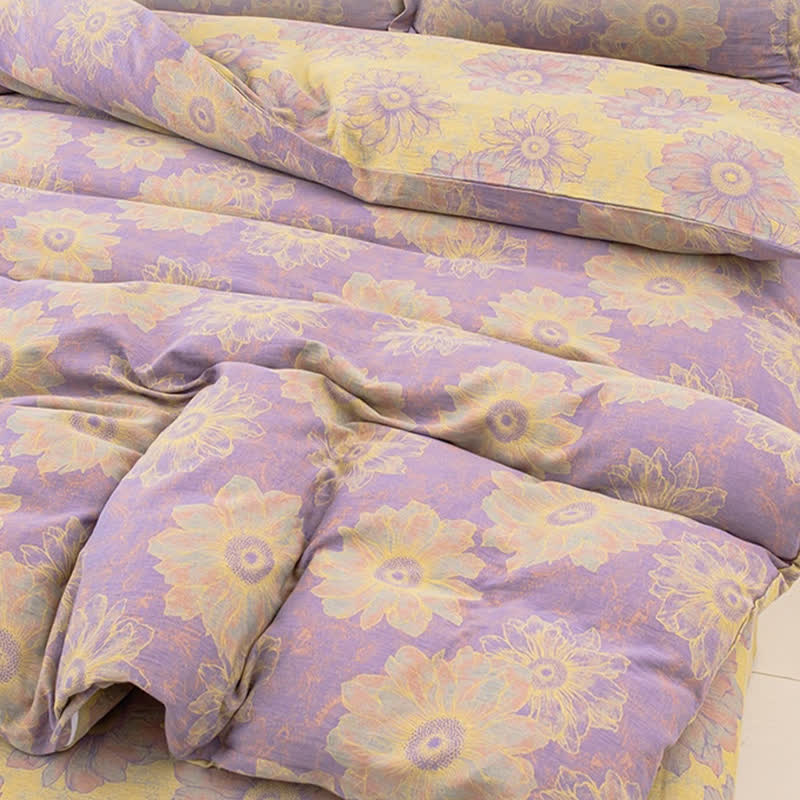 Parure de lit réversible en gaze de coton à motif floral jacquard (4 pièces)