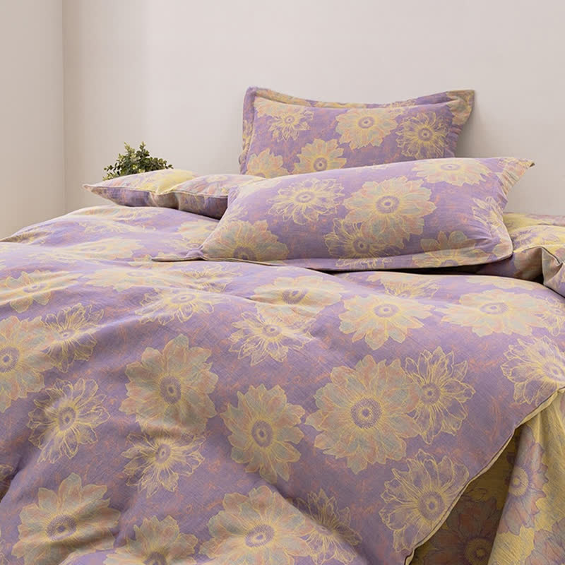 Parure de lit réversible en gaze de coton à motif floral jacquard (4 pièces)