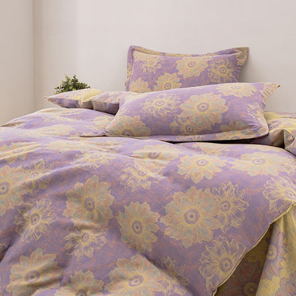 Parure de lit réversible en gaze de coton à motif floral jacquard (4 pièces)