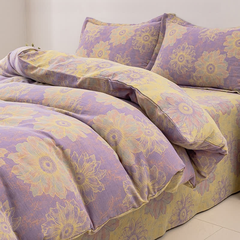 Parure de lit réversible en gaze de coton à motif floral jacquard (4 pièces)