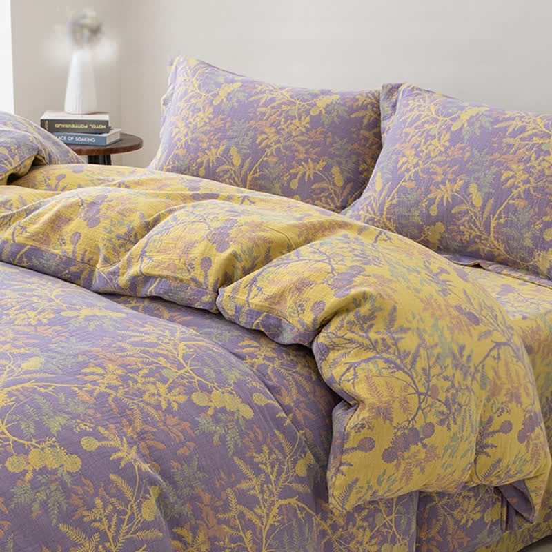 Parure de lit en gaze florale double épaisseur (4 pièces)