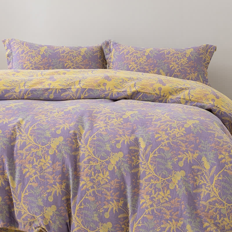 Parure de lit en gaze florale double épaisseur (4 pièces)
