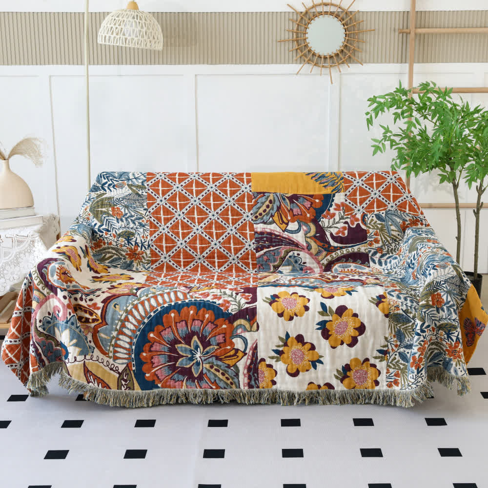 Couette réversible en gaze de coton à motif floral ethnique