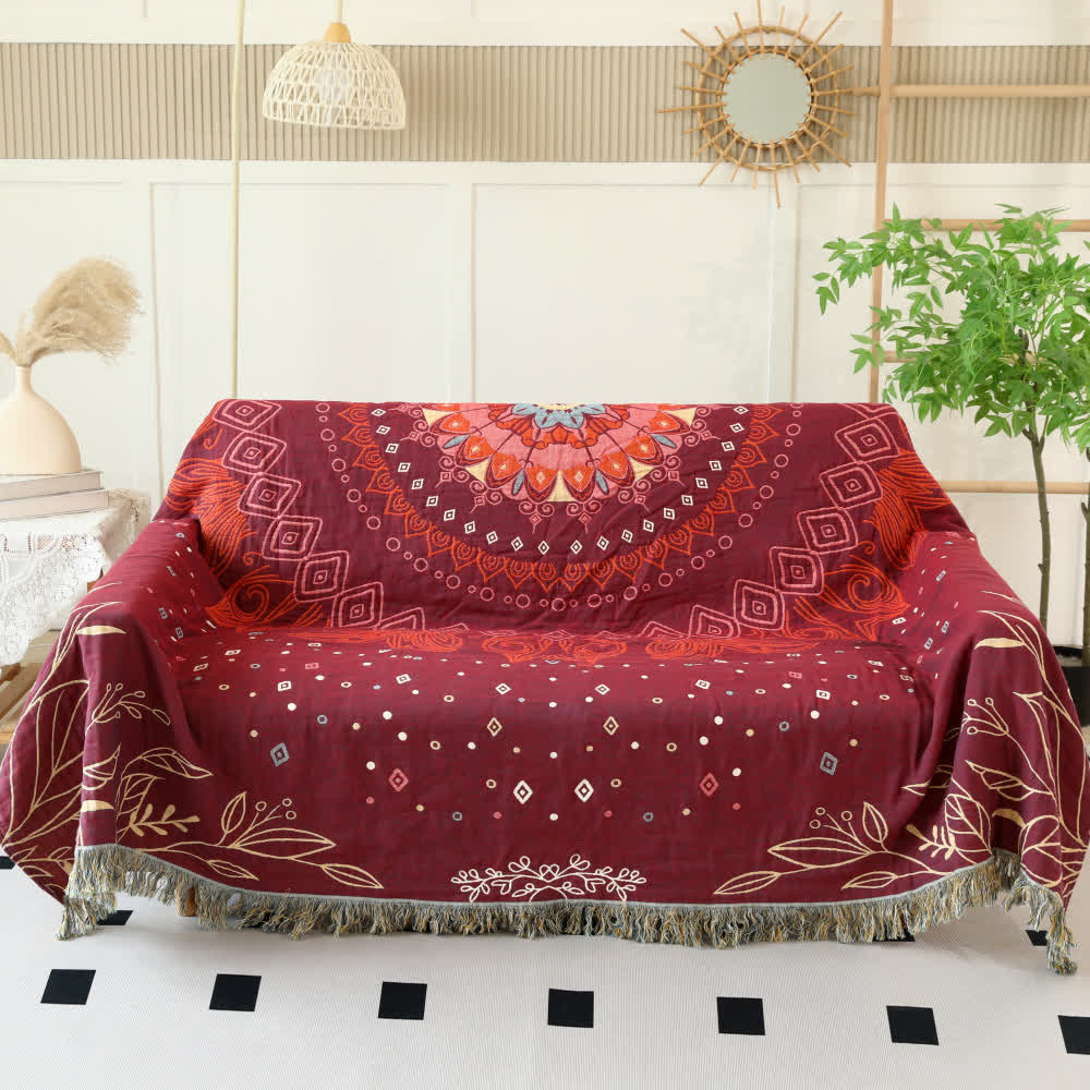 Couverture réversible en gaze de coton de style ethnique en rouge - 200cm x 230cm - image 0