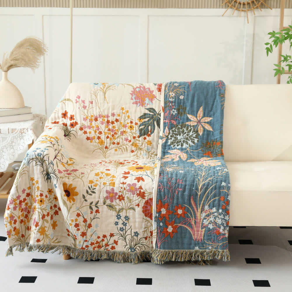 Couverture réversible en gaze de coton à motif floral rustique - image 1
