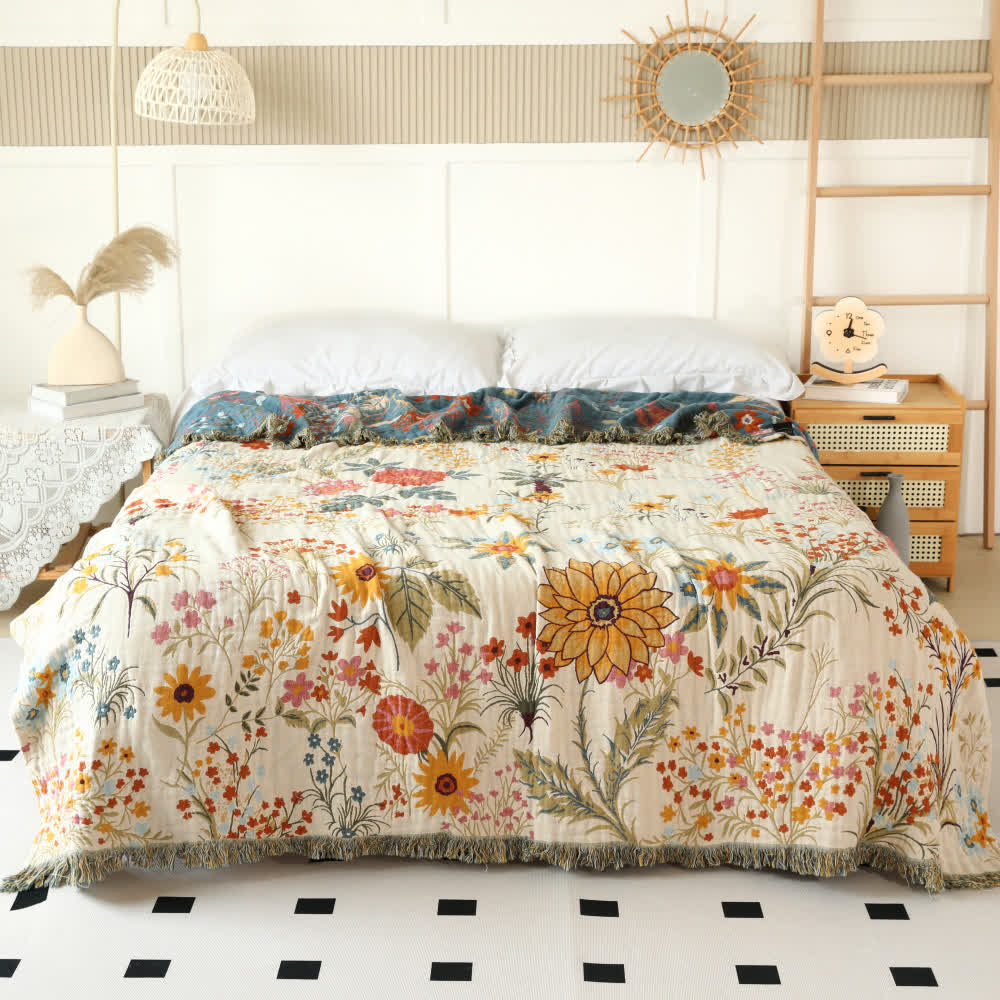 Couverture réversible en gaze de coton à motif floral rustique - image 3