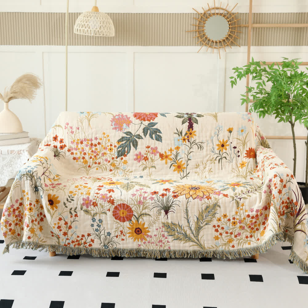 Couverture réversible en gaze de coton à motif floral rustique - 230 cm x 275 cm - image 0