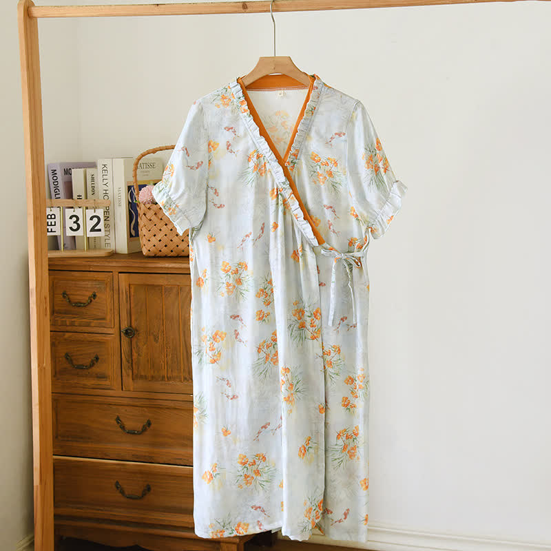 Chemise de nuit de style pastoral à manches courtes et devant croisé