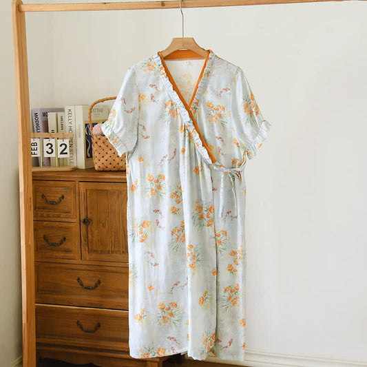 Chemise de nuit de style pastoral à manches courtes et devant croisé