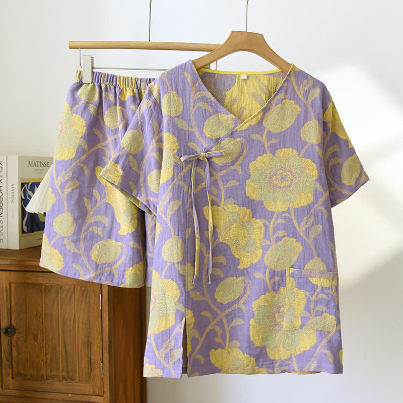 Ensemble pyjama élégant en gaze de coton à motif floral et col en V