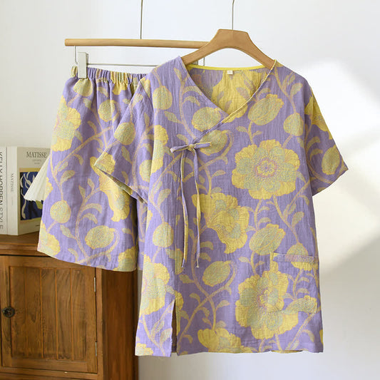 Ensemble pyjama élégant en gaze de coton à motif floral et col en V