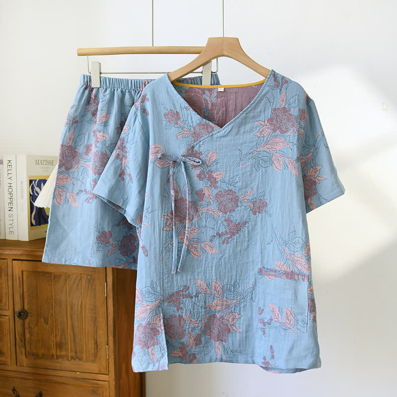 Ensemble pyjama rétro bleu en gaze de coton à fleurs et col en V