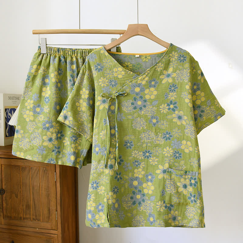 Ensemble pyjama en gaze de coton à fleurs et col en V rustique